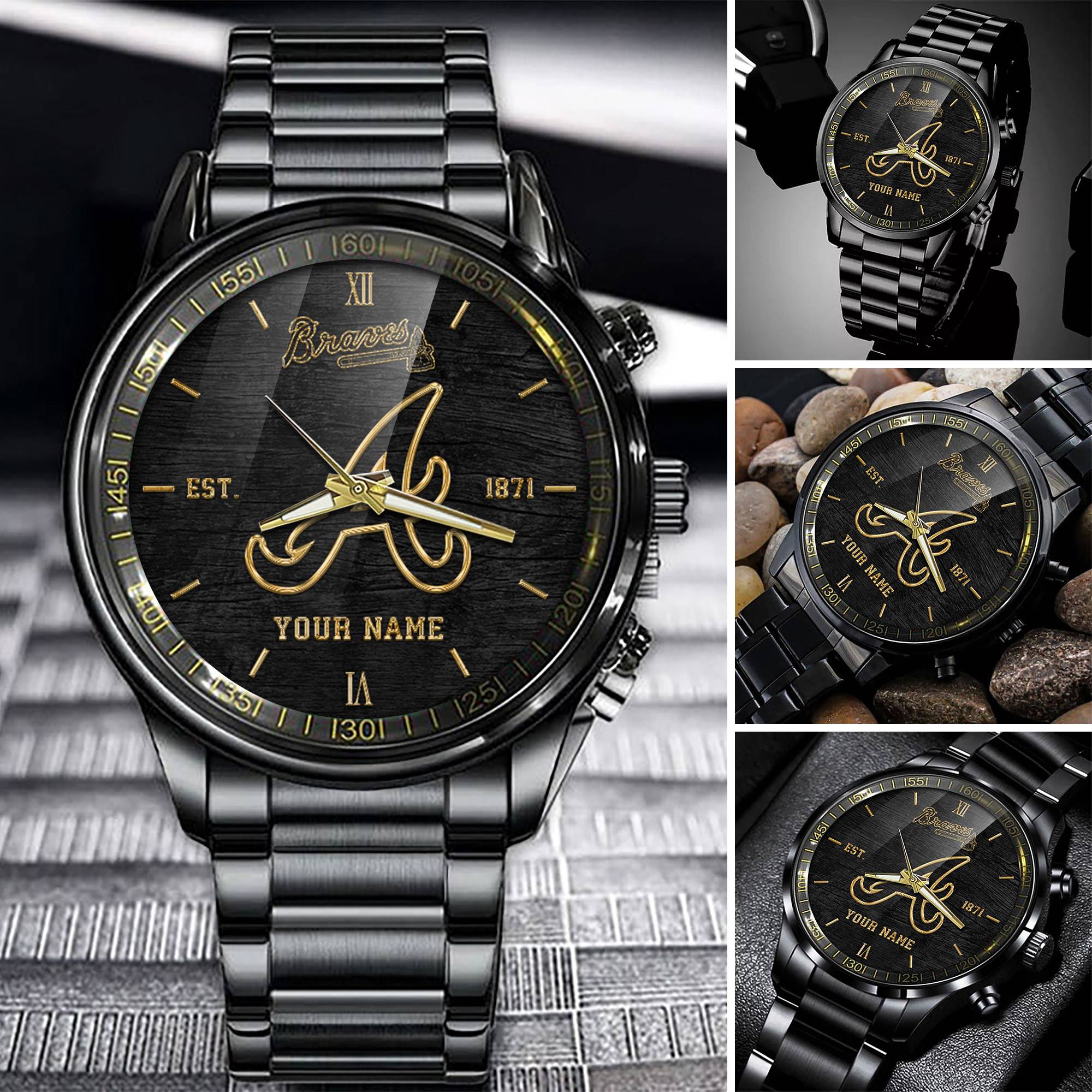 Goalzenith Atlanta Braves MLB Black Fashion Watch Custom Your Name For Fan