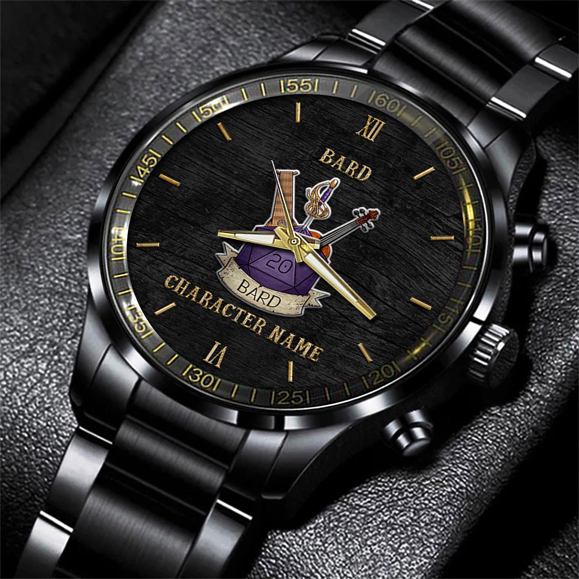 Goalzenith Bard Dungeons & Dragons Game Black Fashion Watch Custom Character Name