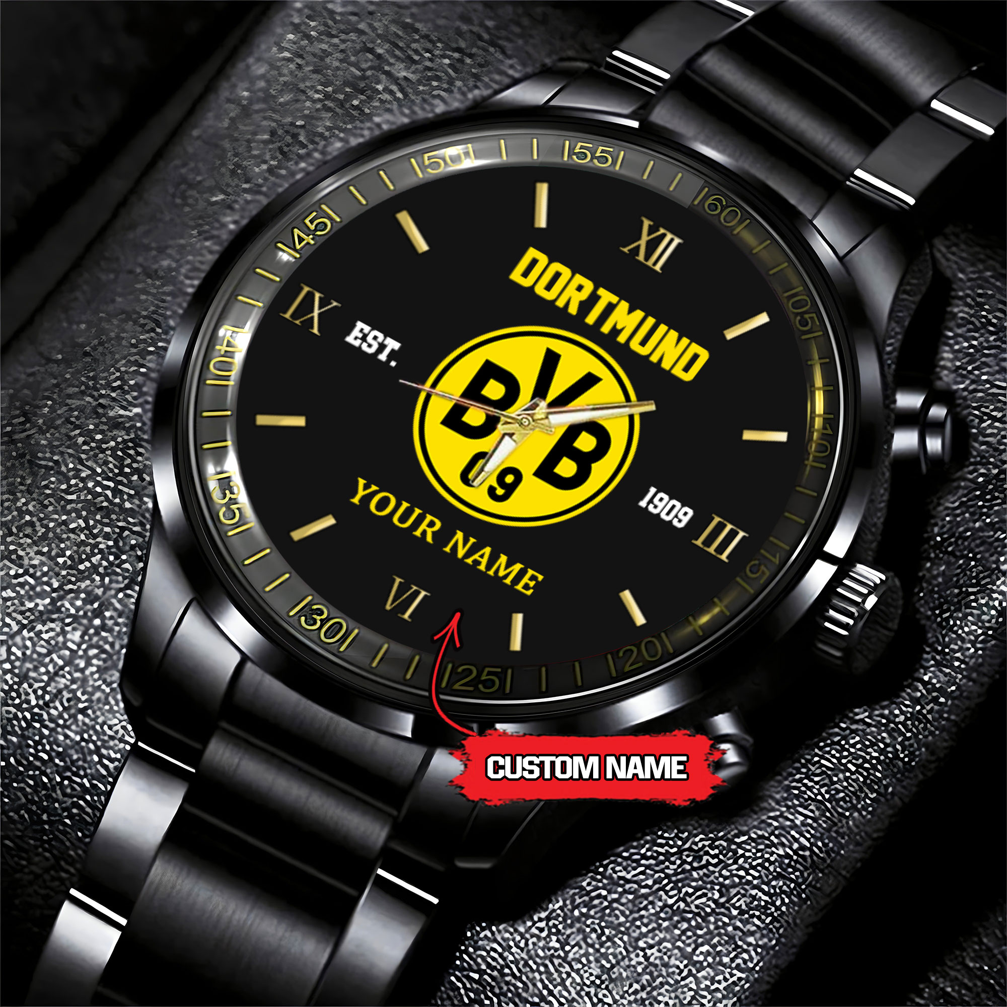 Goalzenith Borussia Dortmund Bundesliga New Personalized Black Stainless Steel Watch Gifts For Fans