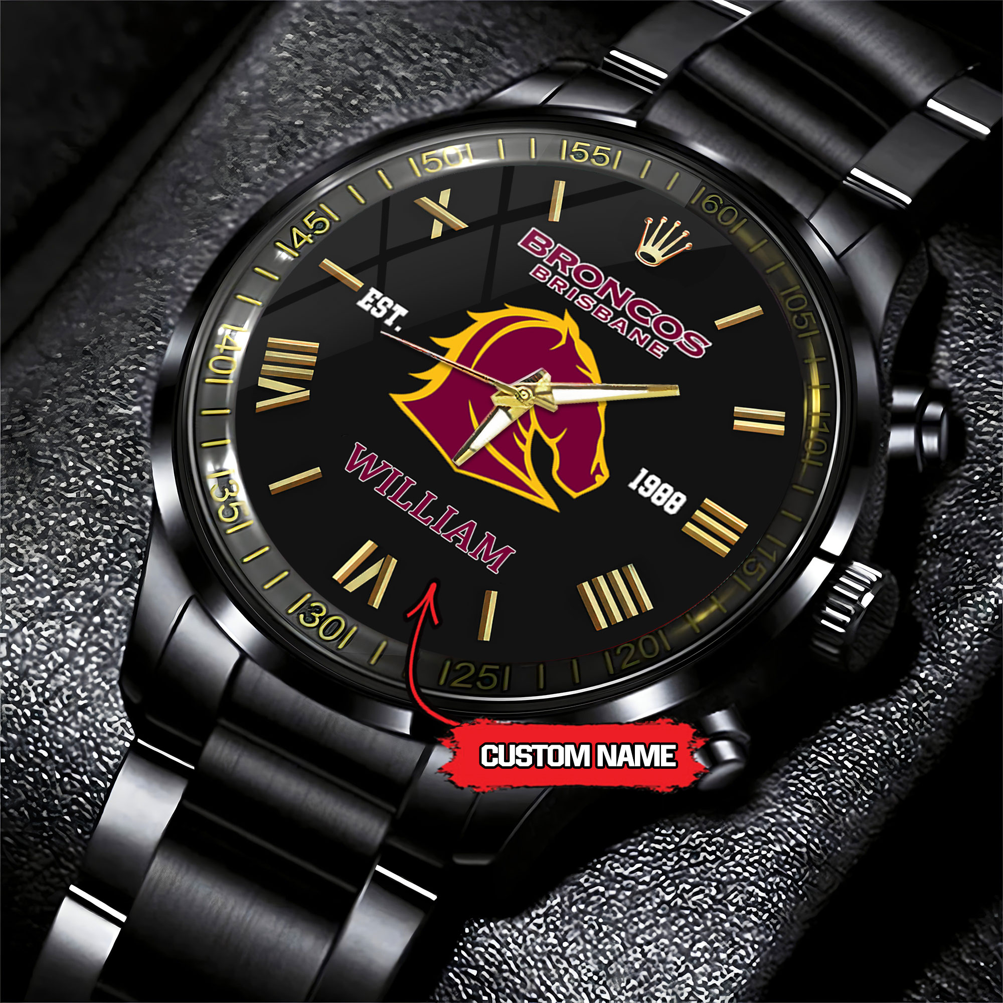 Goalzenith Brisbane Broncos NRL Custom Name Black Fashion Watch