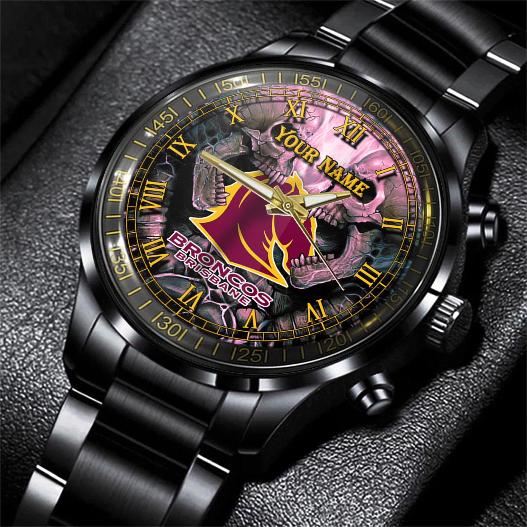 Goalzenith Brisbane Broncos NRL Personalized 3D Men Skull Hand Watch Gift For Fans