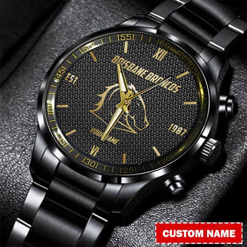 Goalzenith Brisbane Broncos NRL Personalized Gold Metal Black Watch For Fan