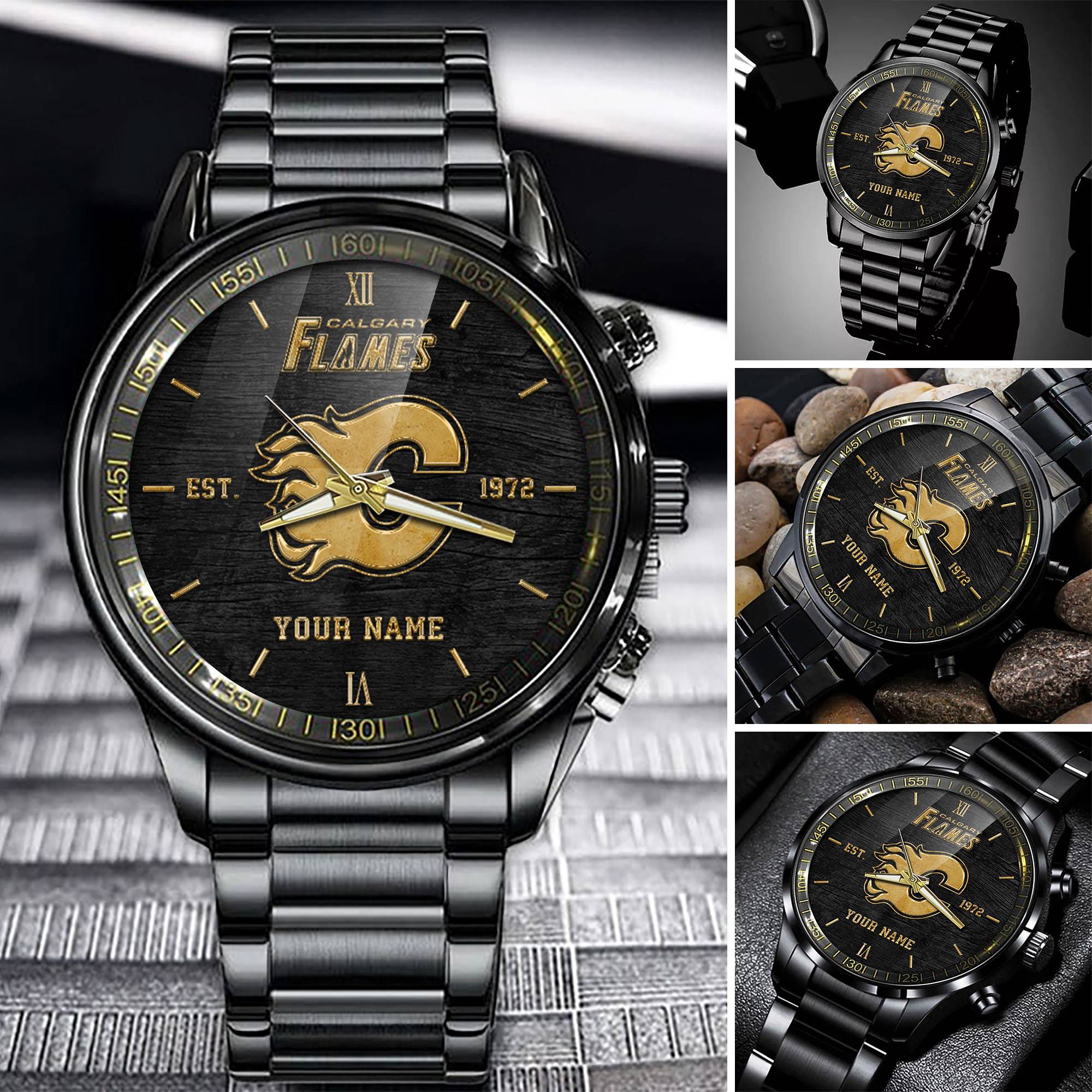 Goalzenith Calgary Flames NHL Personalized Black Fashion Watch For Fans