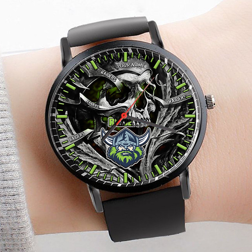 Goalzenith Canberra Raiders NRL 3D Men Skull Leather Hand Watch Personalized Gift For Fans For Father For Fan