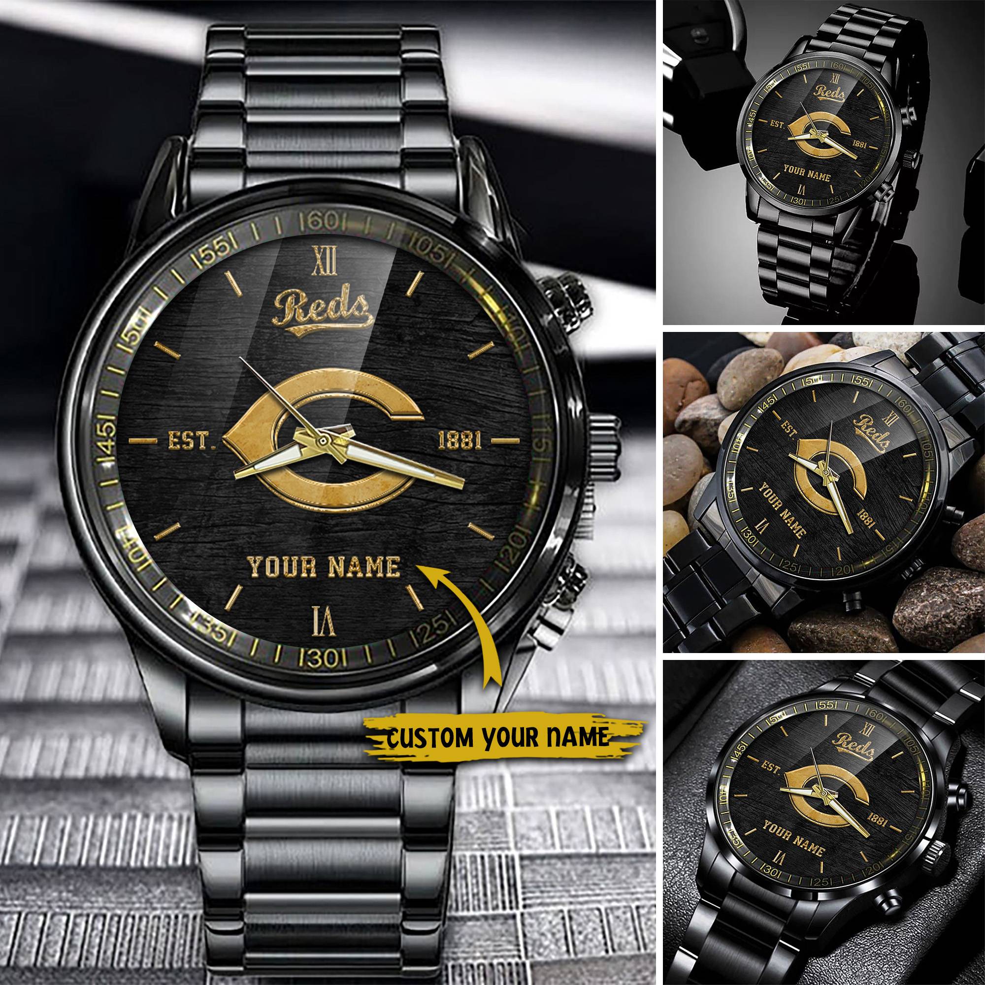 Goalzenith Cincinnati Reds MLB Black Fashion Watch Custom Your Name For Fan