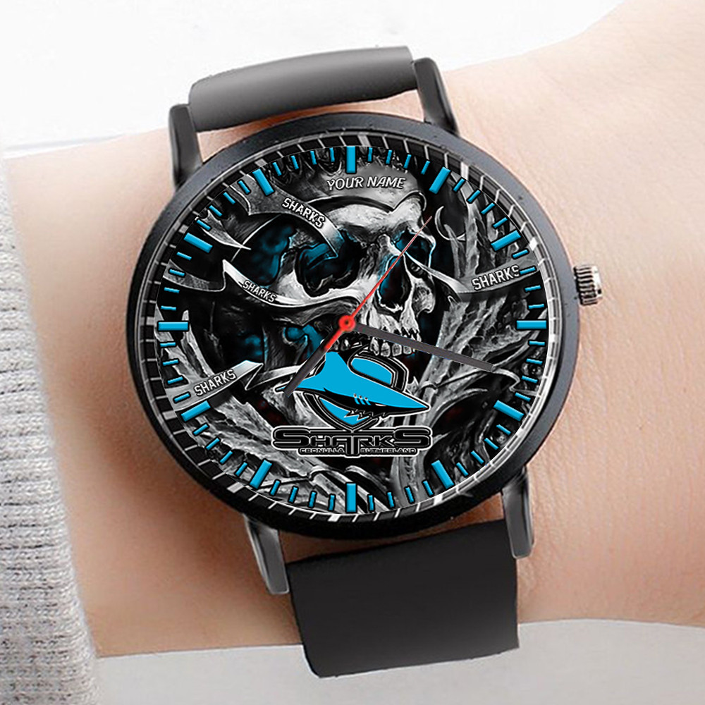 Goalzenith Cronulla Sutherland Sharks NRL 3D Men Skull Leather Hand Watch Personalized Gift For Fans For Father For Fan