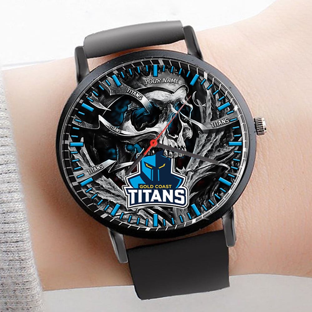 Goalzenith Gold Coast Titans NRL 3D Men Skull Leather Hand Watch Personalized Gift For Fans For Father For Fan