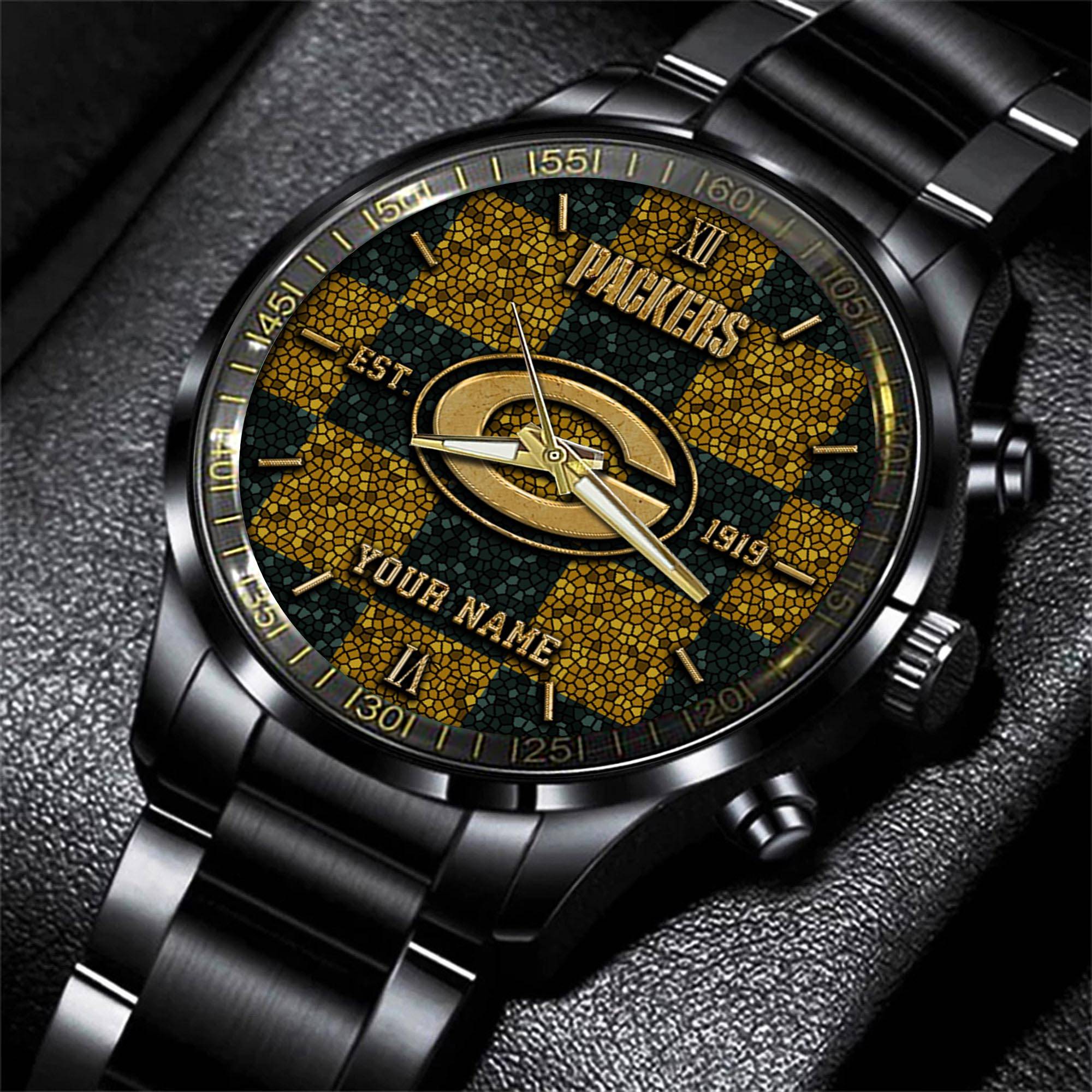 Goalzenith Green Bay Packers NFL Personalized Sport Black Watch Gifts For Fans