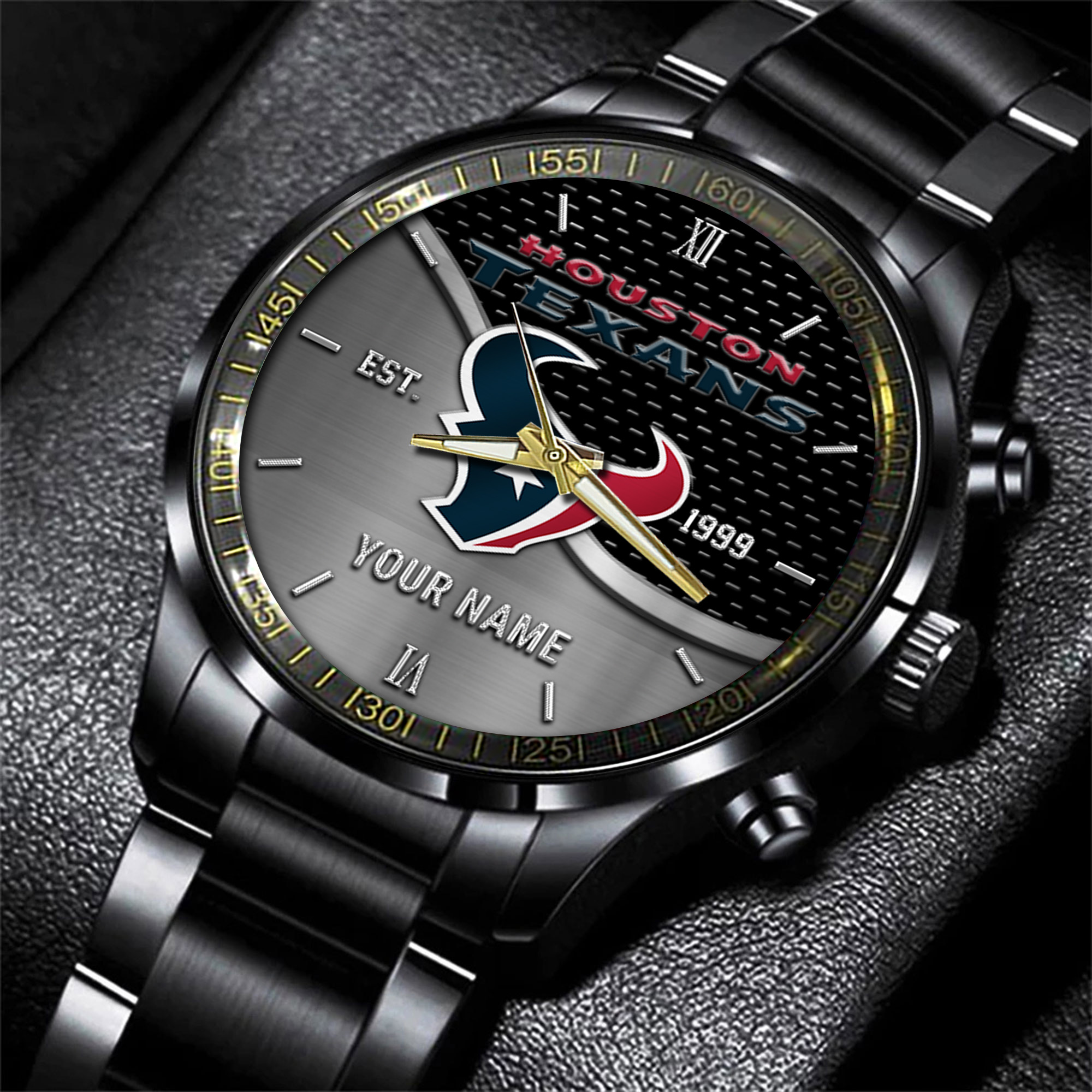 Goalzenith Houston Texans NFL Black Fashion Hand Watch Custom Your Name Gift For Fan