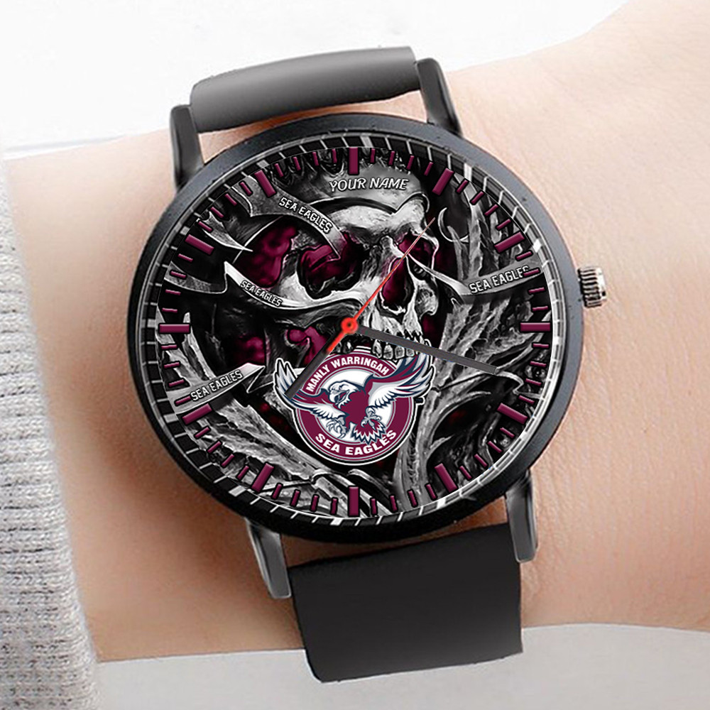 Goalzenith Manly Warringah Sea Eagles NRL 3D Men Skull Leather Hand Watch Personalized Gift For Fans For Father For Fan