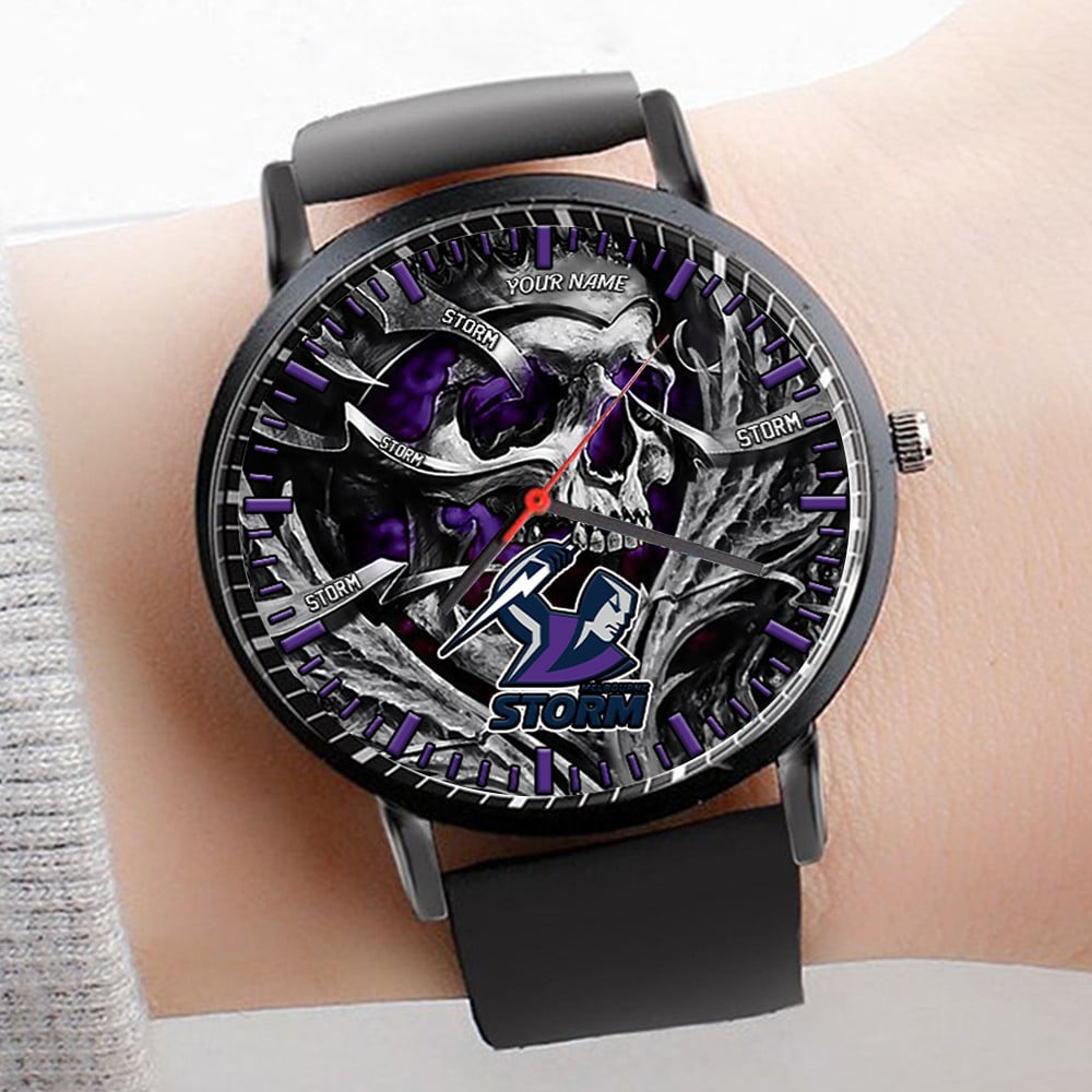 Goalzenith Melbourne Storm NRL 3D Men Skull Leather Hand Watch Personalized Gift For Fans For Father For Fan