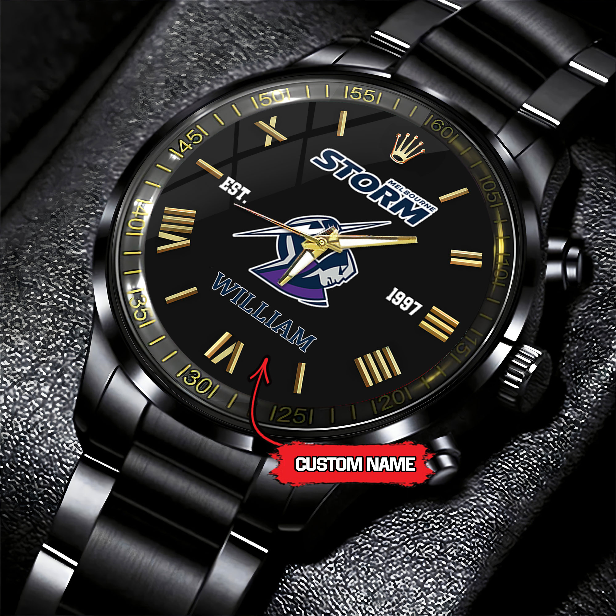 Goalzenith Melbourne Storm NRL Custom Name Black Fashion Watch