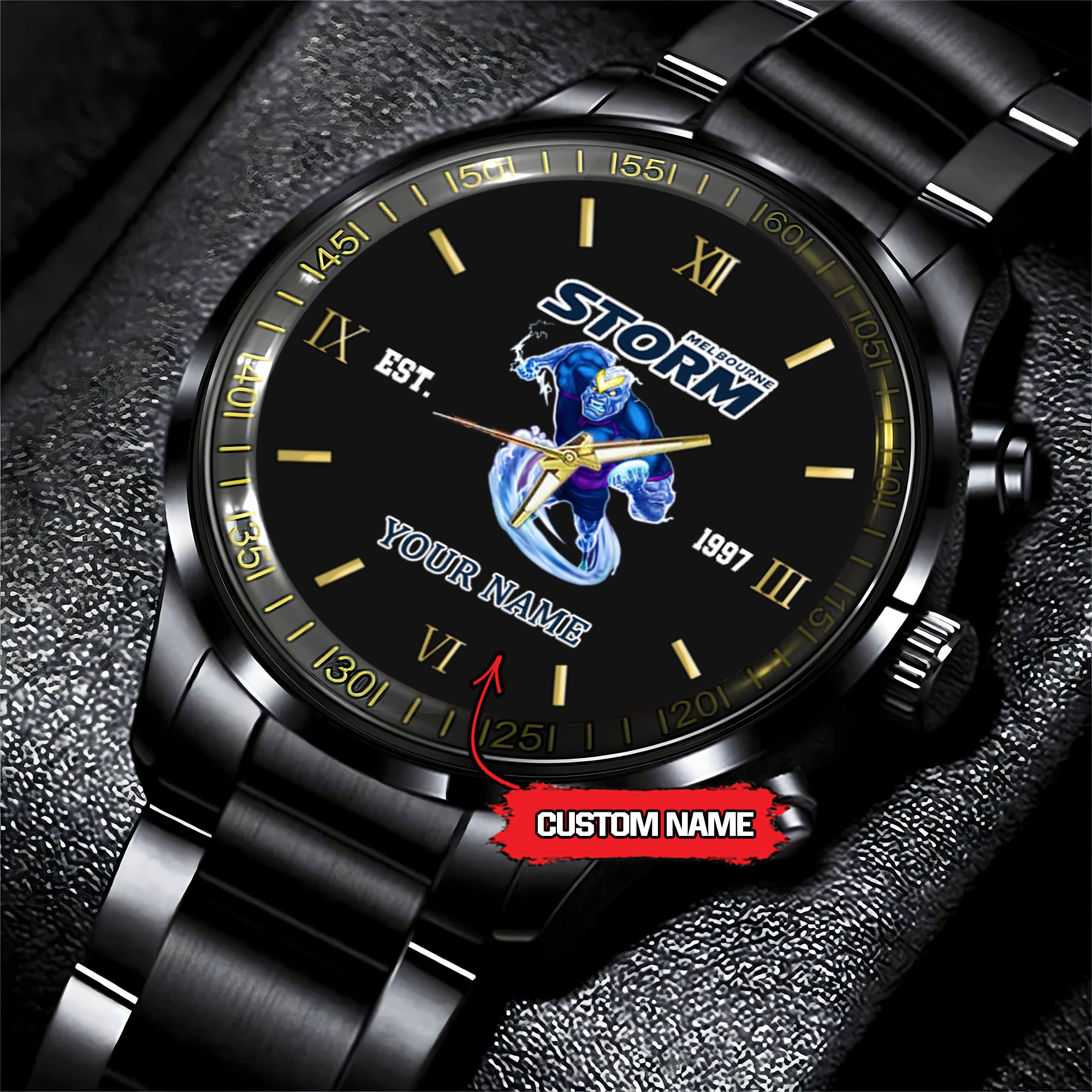 Goalzenith Melbourne Storm NRL Mascot Custom Name Black Fashion Watch