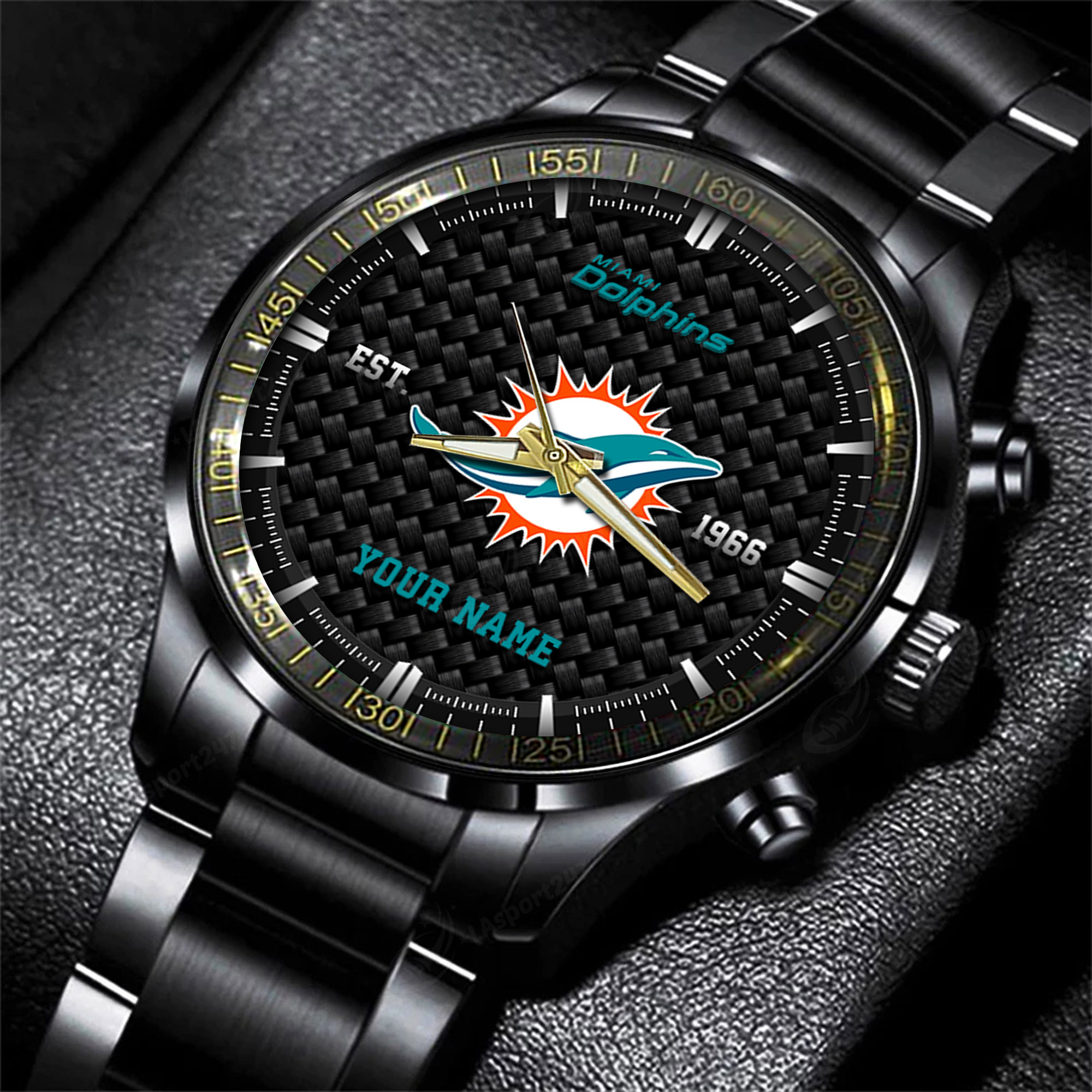 Goalzenith Miami Dolphins NFL Black Fashion Hand Watch Custom Your Name Gift For Fan
