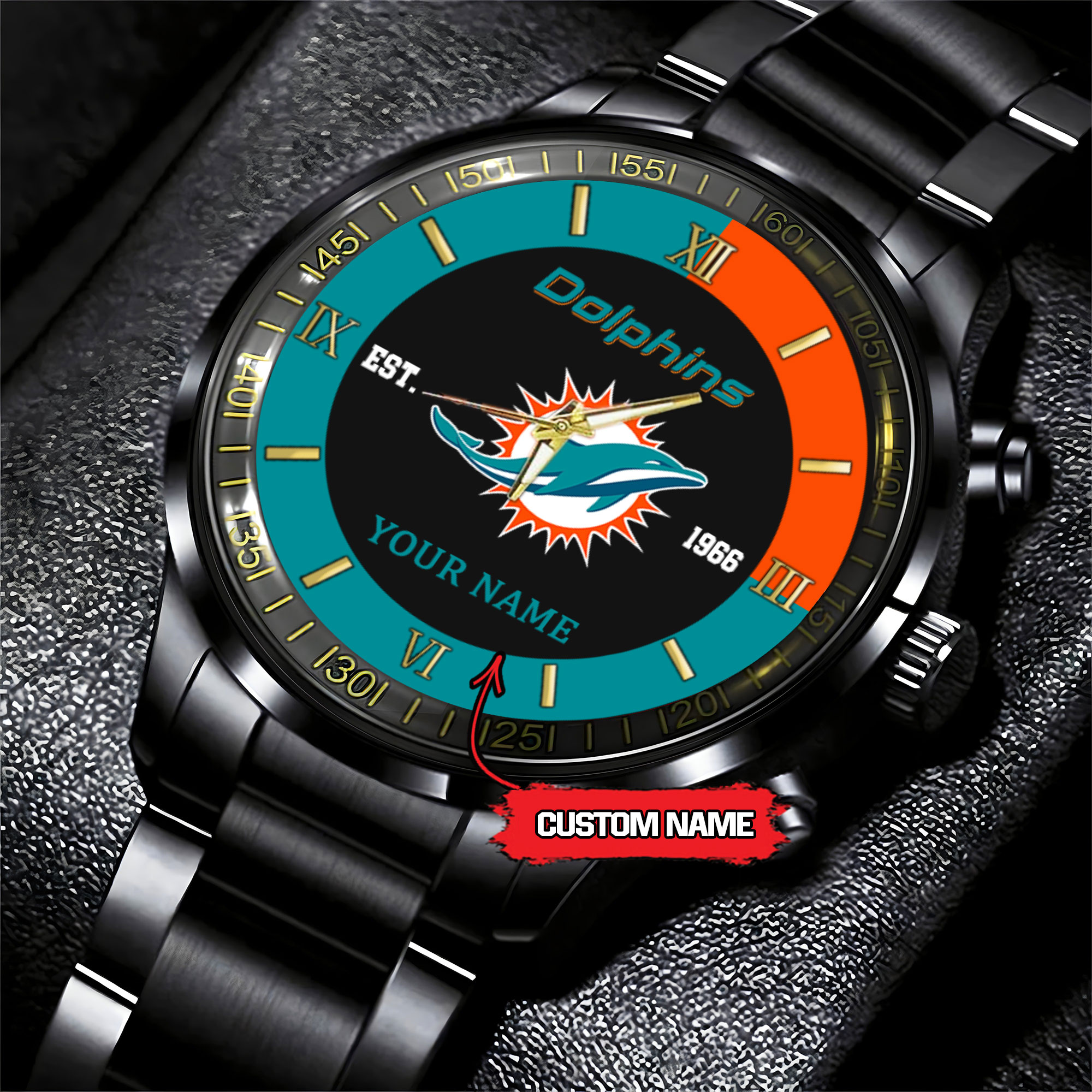 Goalzenith Miami Dolphins NFL Personalized Black Fashion Watch