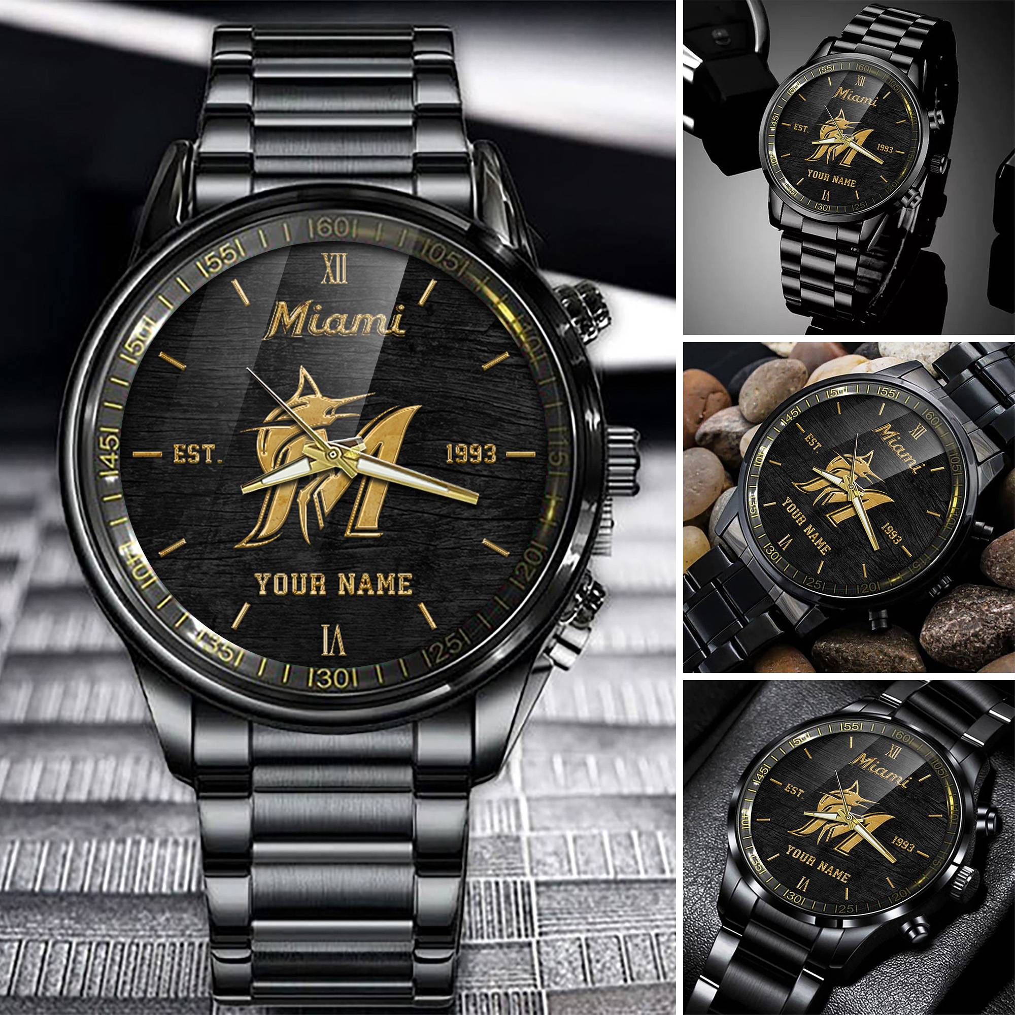 Goalzenith Miami Marlins MLB Black Fashion Watch Custom Your Name For Fan