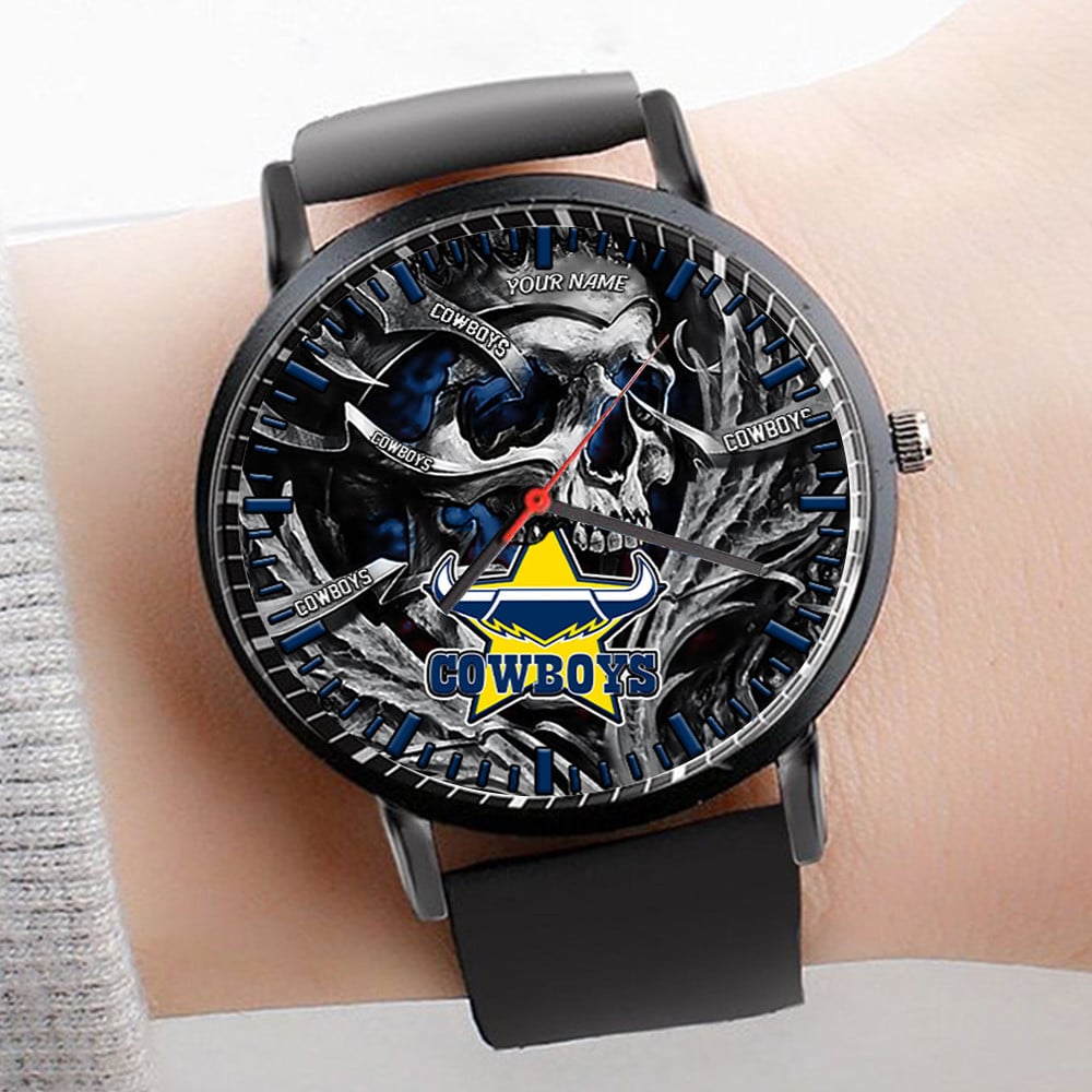 Goalzenith North Queensland Cowboys NRL 3D Men Skull Leather Hand Watch Personalized Gift For Fans For Father For Fan