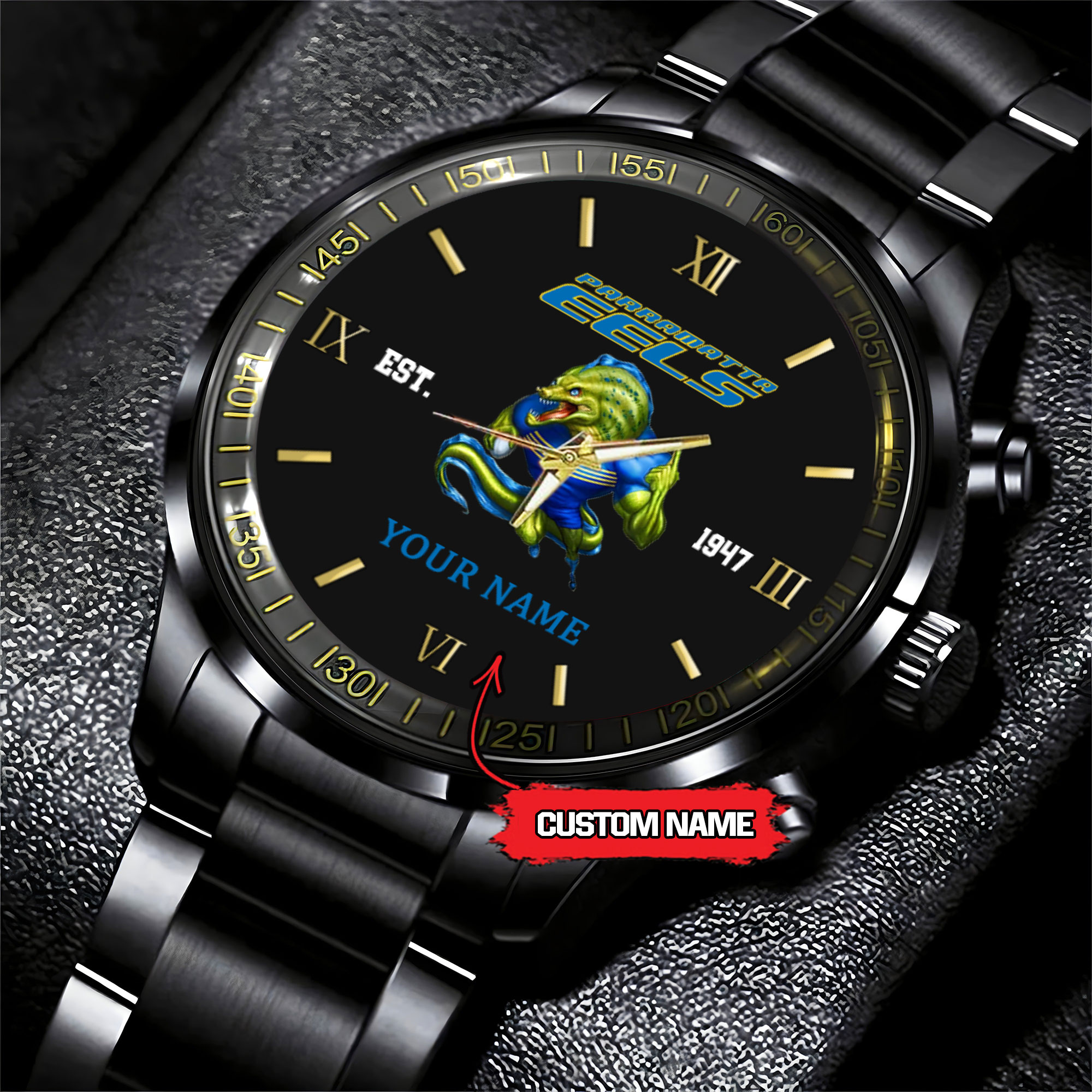 Goalzenith Parramatta Eels NRL Mascot Custom Name Black Fashion Watch