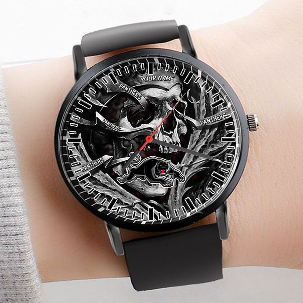 Goalzenith Penrith Panthers NRL 3D Men Skull Leather Hand Watch Personalized Gift For Fans For Father For Fan
