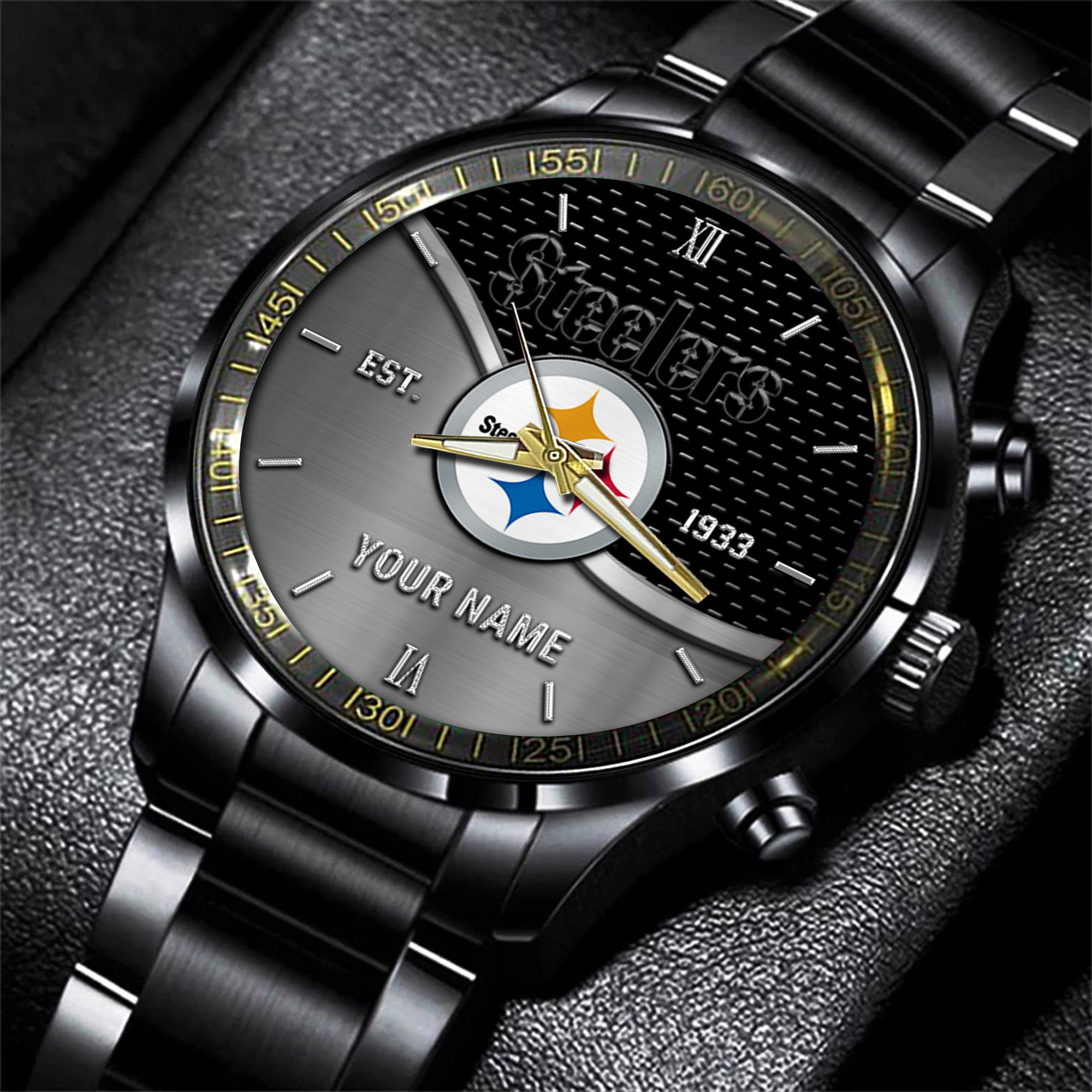 Goalzenith Pittsburgh Steelers NFL Black Fashion Hand Watch Custom Your Name Gift For Fan