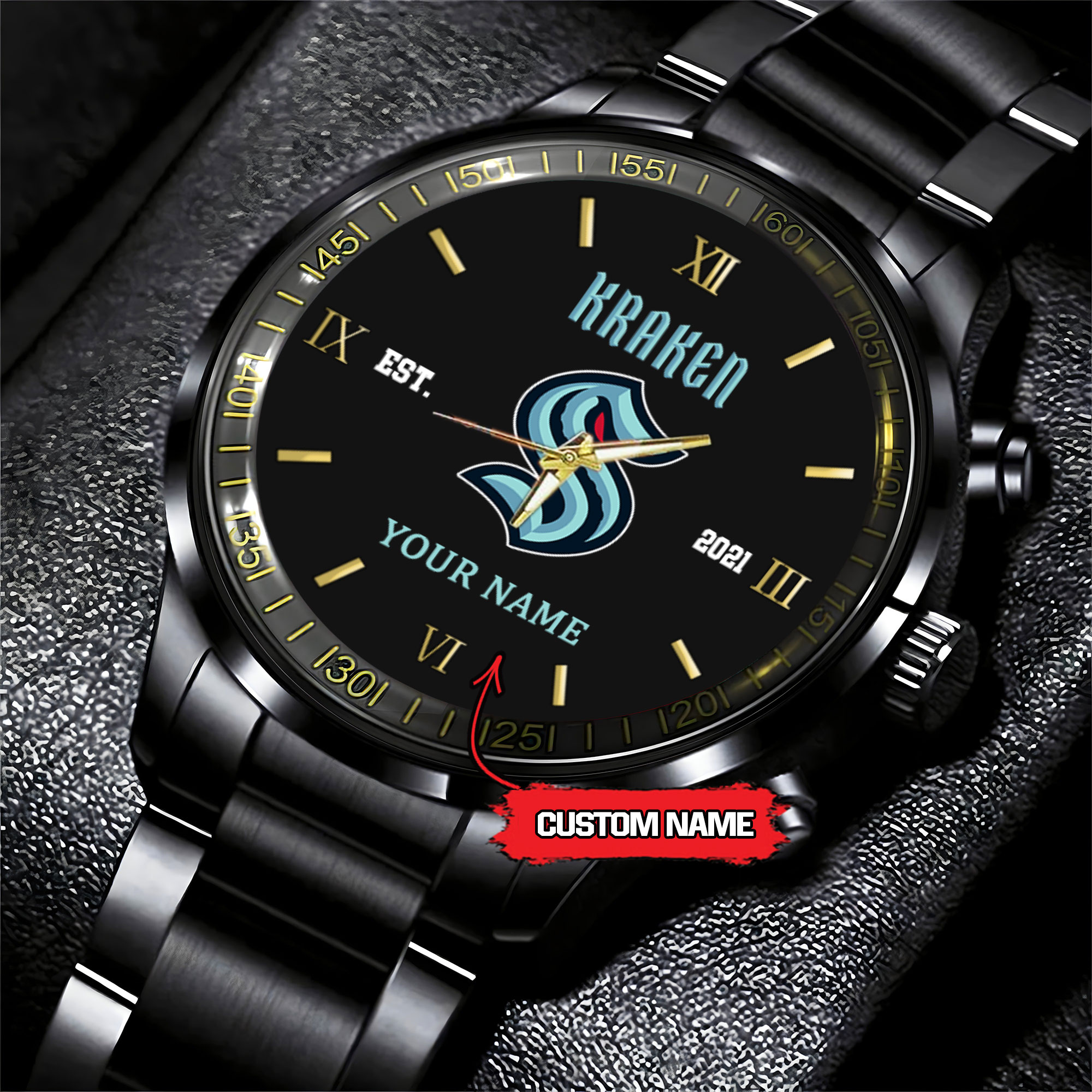 Goalzenith Seattle Kraken NHL Hockey Game Time Custom Black Fashion Watch For Fan
