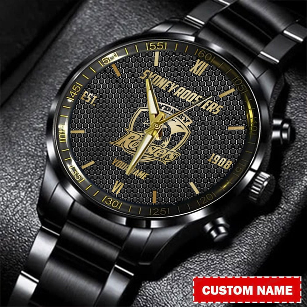 Goalzenith Sydney Roosters NRL Personalized Gold Metal Black Watch For Fan