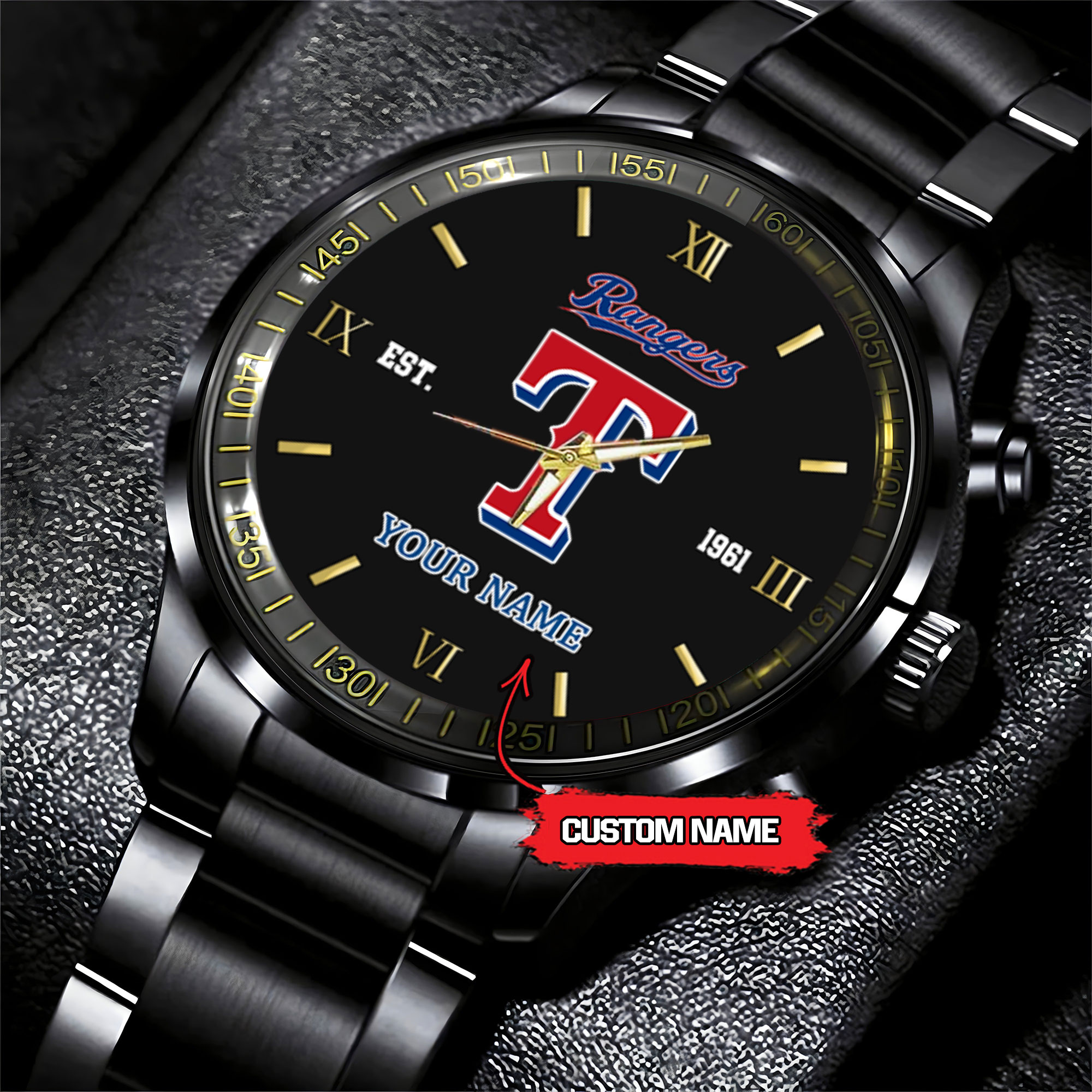 Goalzenith Texas Rangers MLB Black Fashion Watch Custom Your Name For Fan