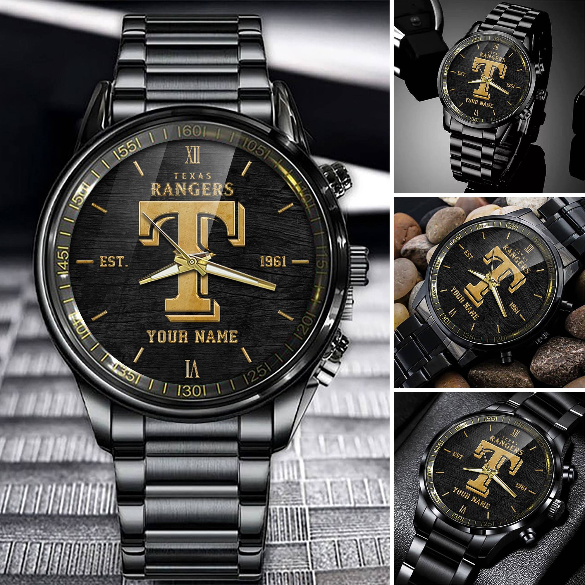 Goalzenith Texas Rangers MLB Black Fashion Watch Custom Your Name For Fan