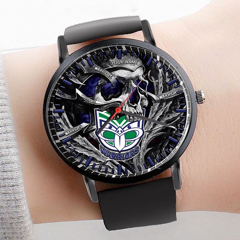 Goalzenith Warriors NRL 3D Men Skull Leather Hand Watch Personalized Gift For Fans For Father For Fan