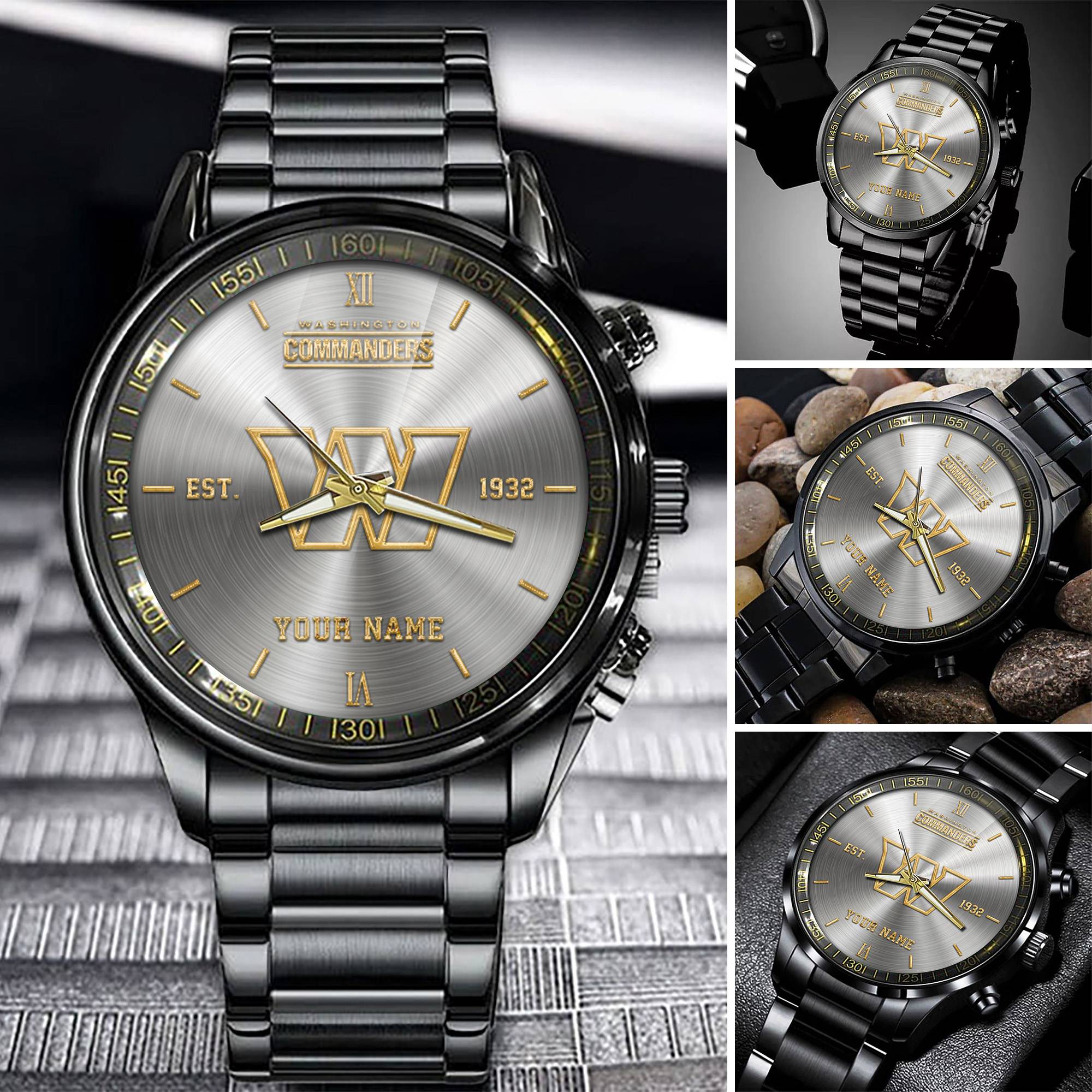 Goalzenith Washington Commanders NFL Black Fashion Watch Custom Your Name Gifts For Fans