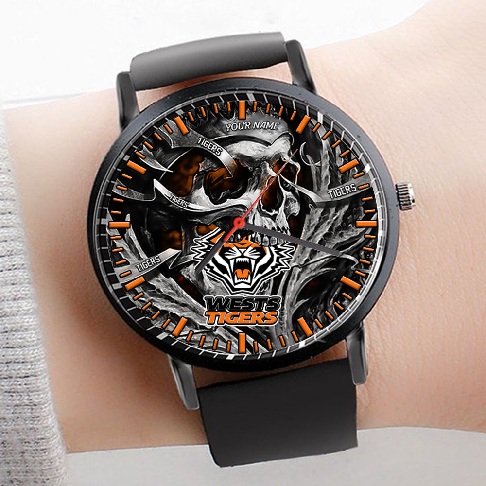 Goalzenith Wests Tigers NRL 3D Men Skull Leather Hand Watch Personalized Gift For Fans For Father For Fan