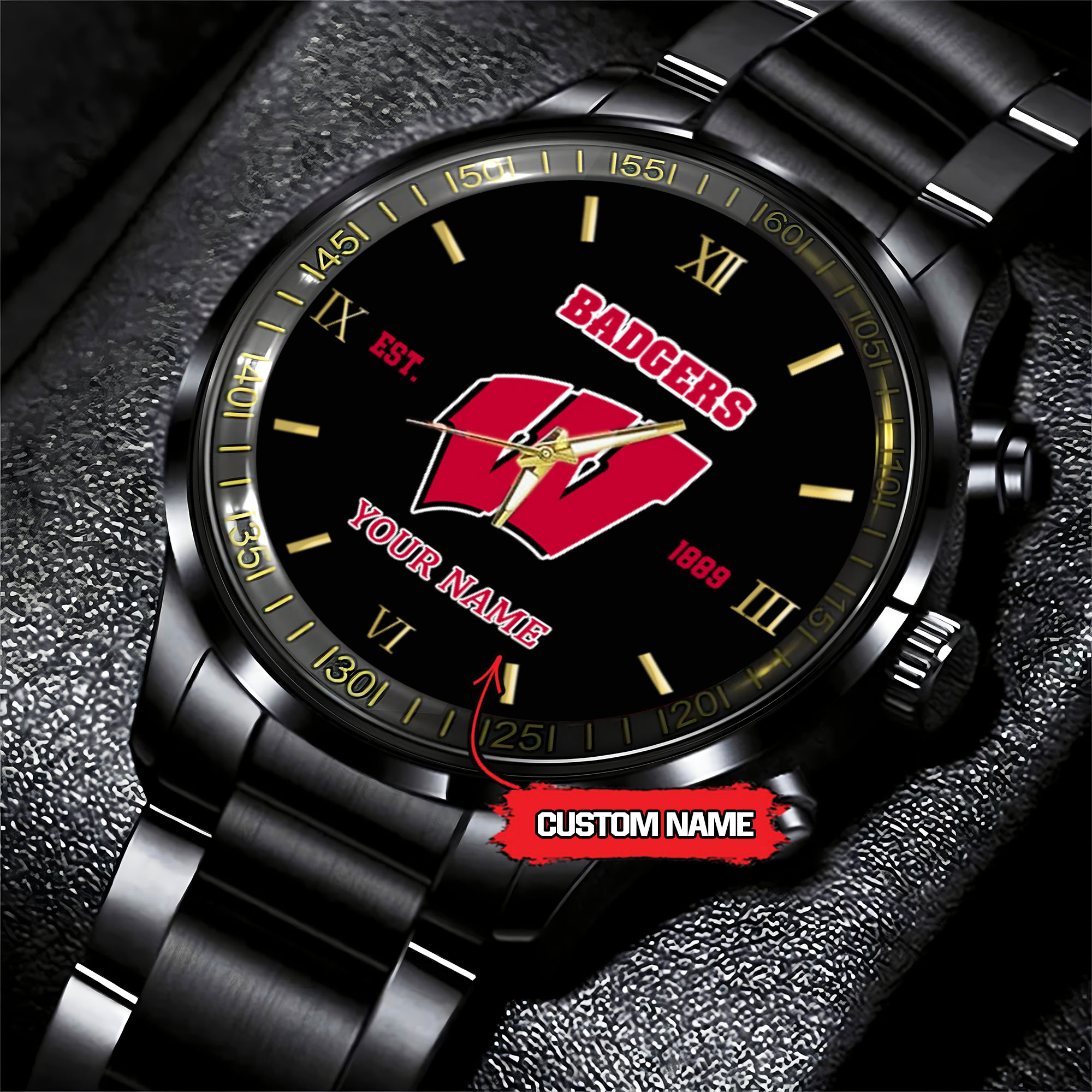 Goalzenith Wisconsin Badgers NCAA Personalized Black Hand Watch For Fans