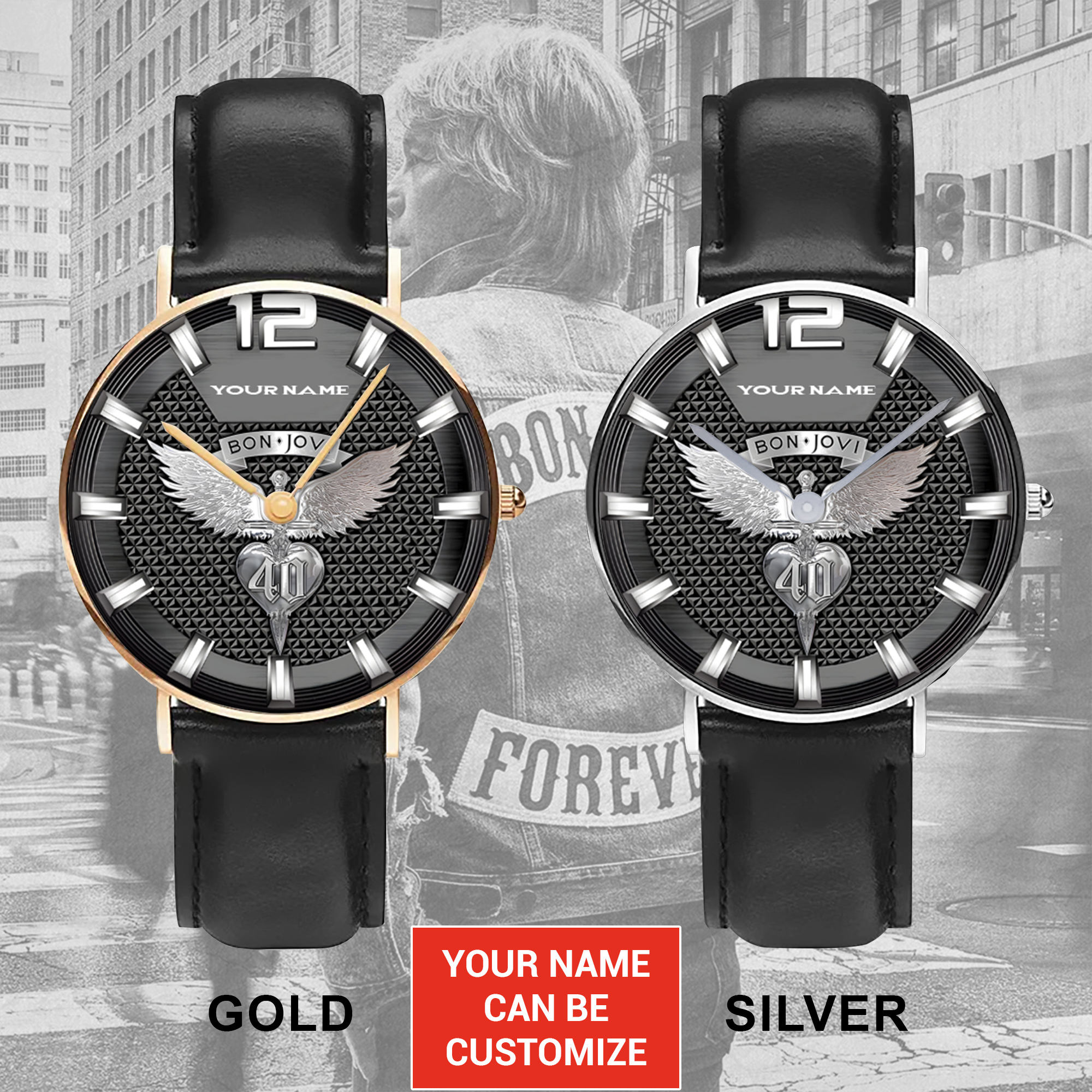 Goalzenith Personalized Bon Jovi Music Black Stitched Leather Watch Gift For Fan