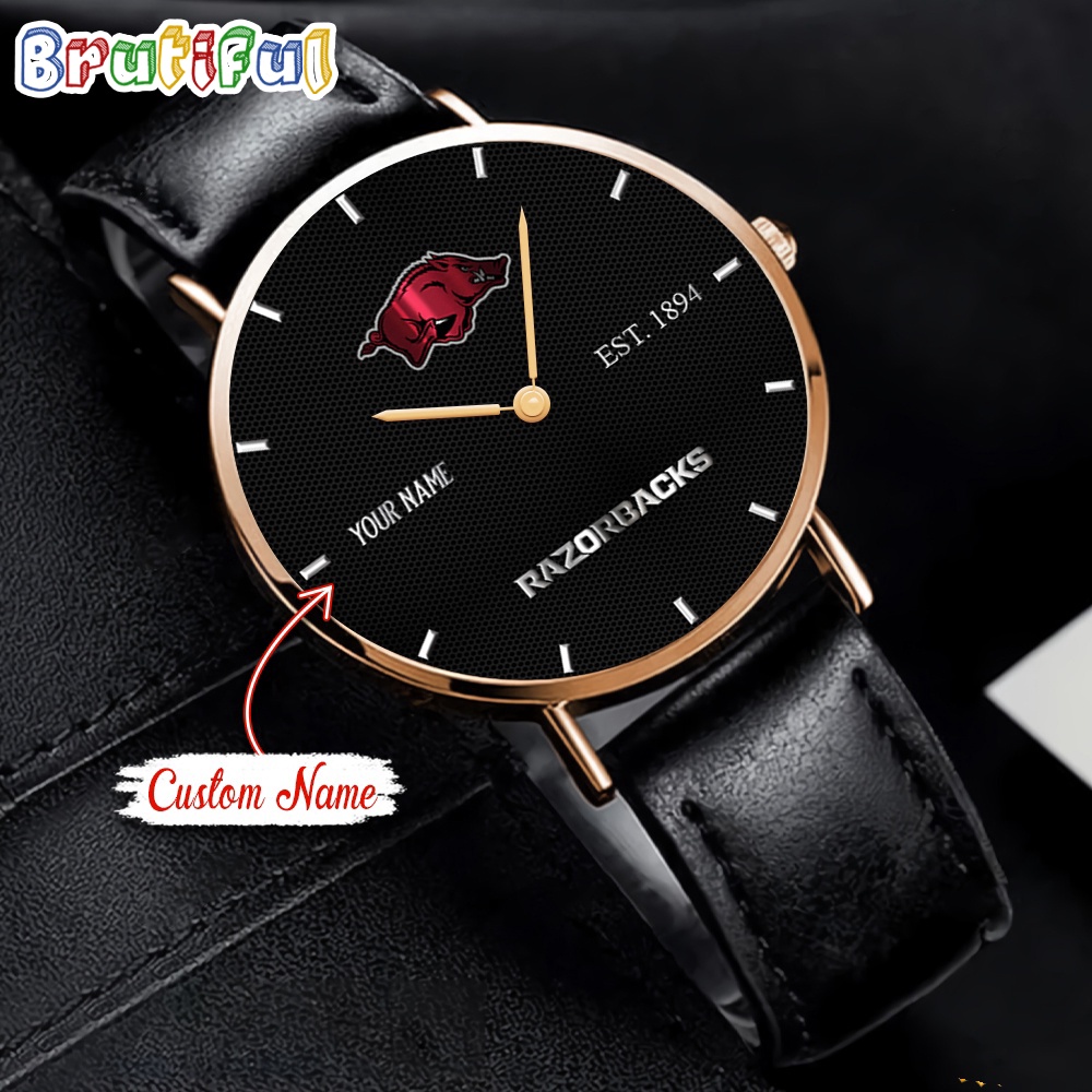 Goalzenith Arkansas Razorbacks NCAA Custom Name Black Stitched Leather Watch Gift For Fan
