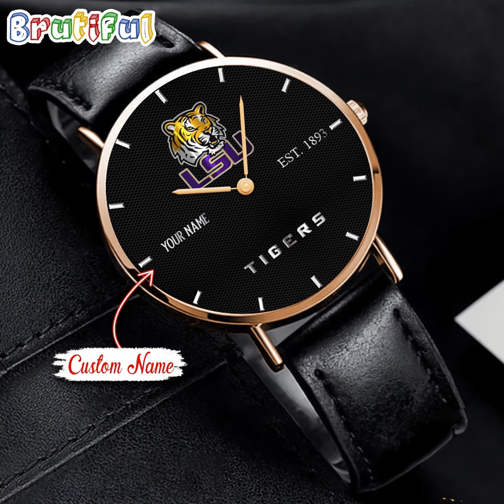 Goalzenith LSU Tigers NCAA Custom Name Black Stitched Leather Watch Gift For Fan