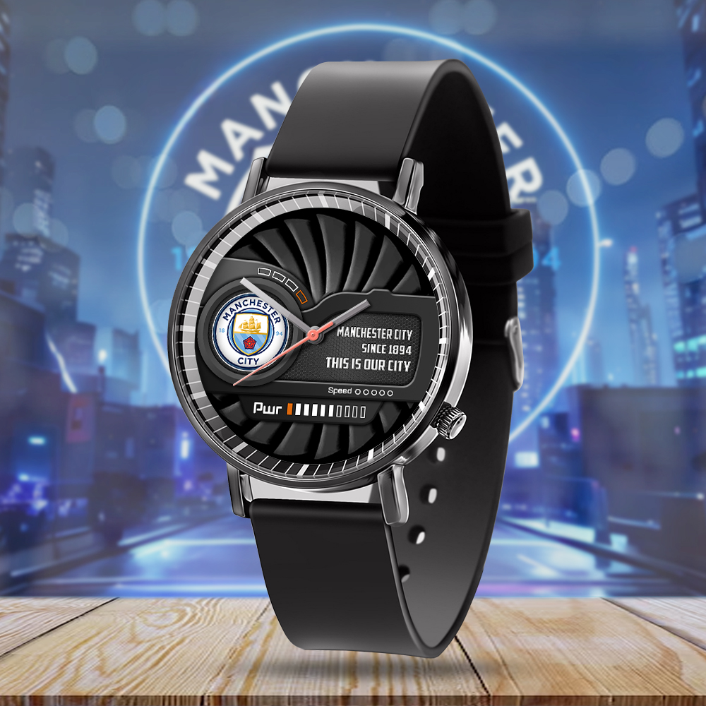 Goalzenith Manchester City EPL Black Leather Watch Gift For Fan