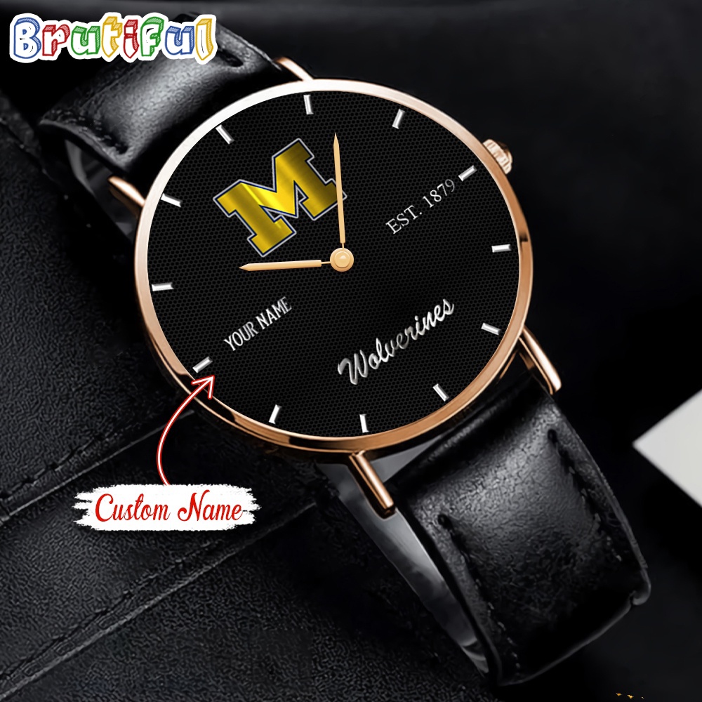 Goalzenith Michigan Wolverines NCAA Custom Name Black Stitched Leather Watch Gift For Fan