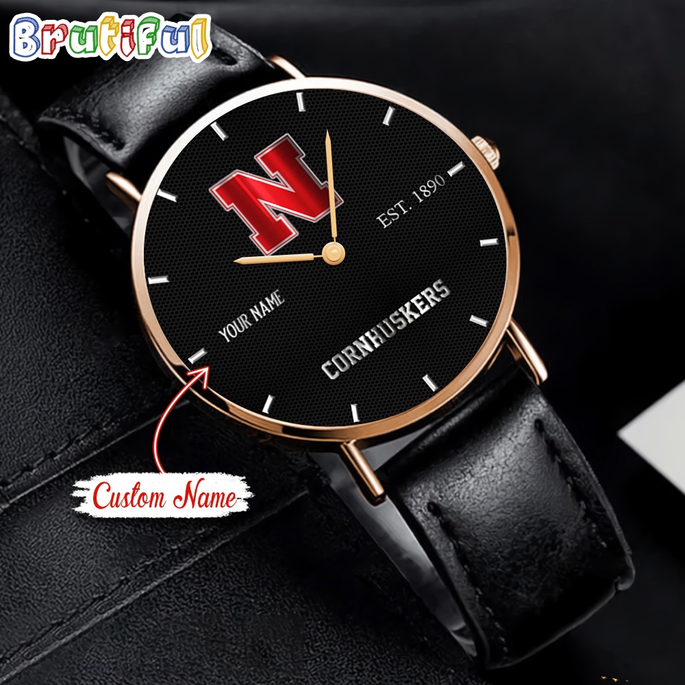 Goalzenith Nebraska Cornhuskers NCAA Custom Name Black Stitched Leather Watch Gift For Fan
