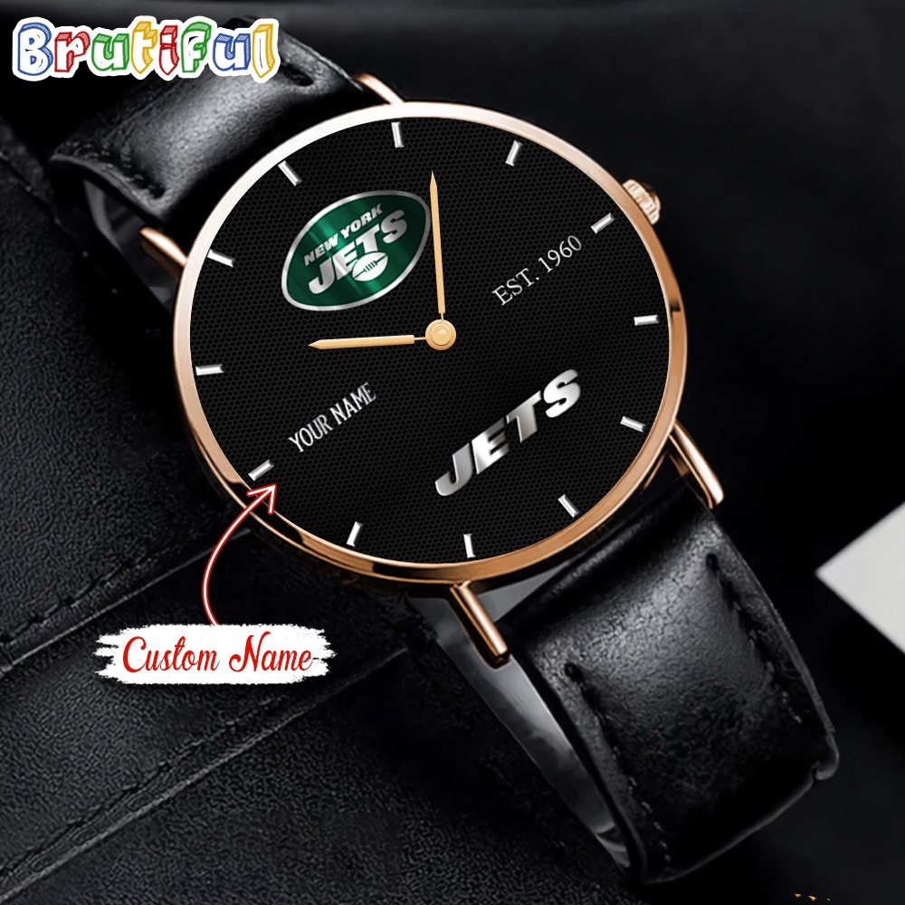 Goalzenith New York Jets NFL WatchCustom Name Black Stitched Leather Watch Gift For Fan