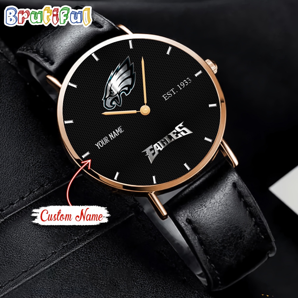 Goalzenith Philadelphia Eagles NFL WatchCustom Name Black Stitched Leather Watch Gift For Fan