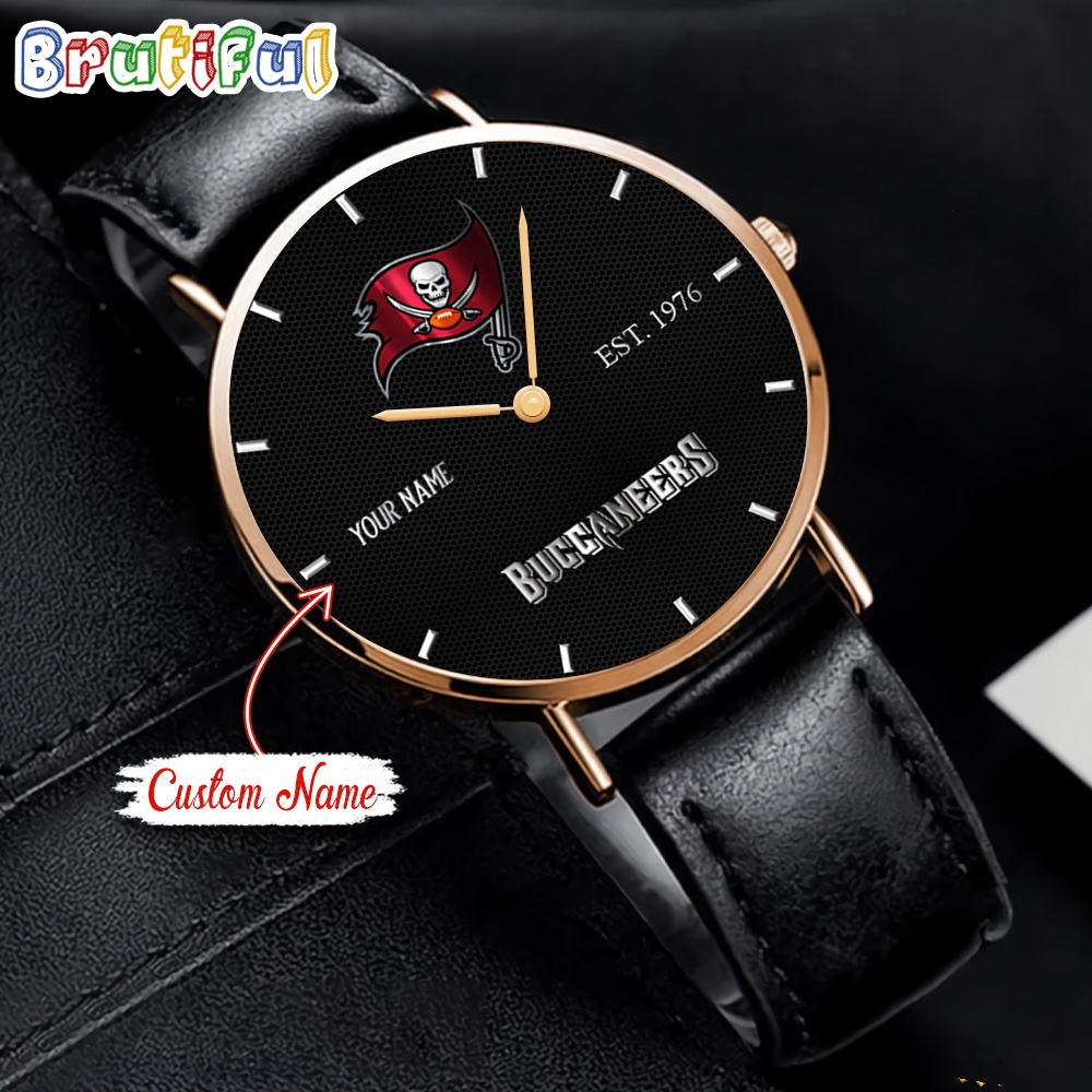 Goalzenith Tampa Bay Buccaneers NFL WatchCustom Name Black Stitched Leather Watch Gift For Fan