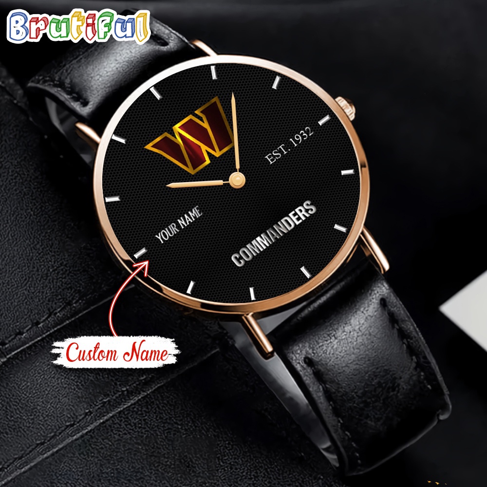 Goalzenith Washington Commanders NFL WatchCustom Name Black Stitched Leather Watch Gift For Fan