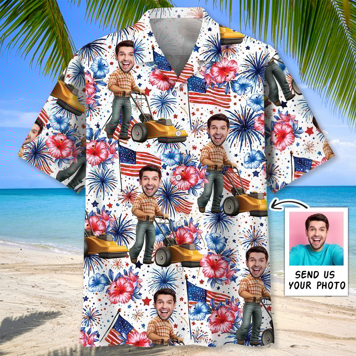 Goalzenith American Man Moving Lawn Mower Custom Face Hawaiian Shirt For Fan