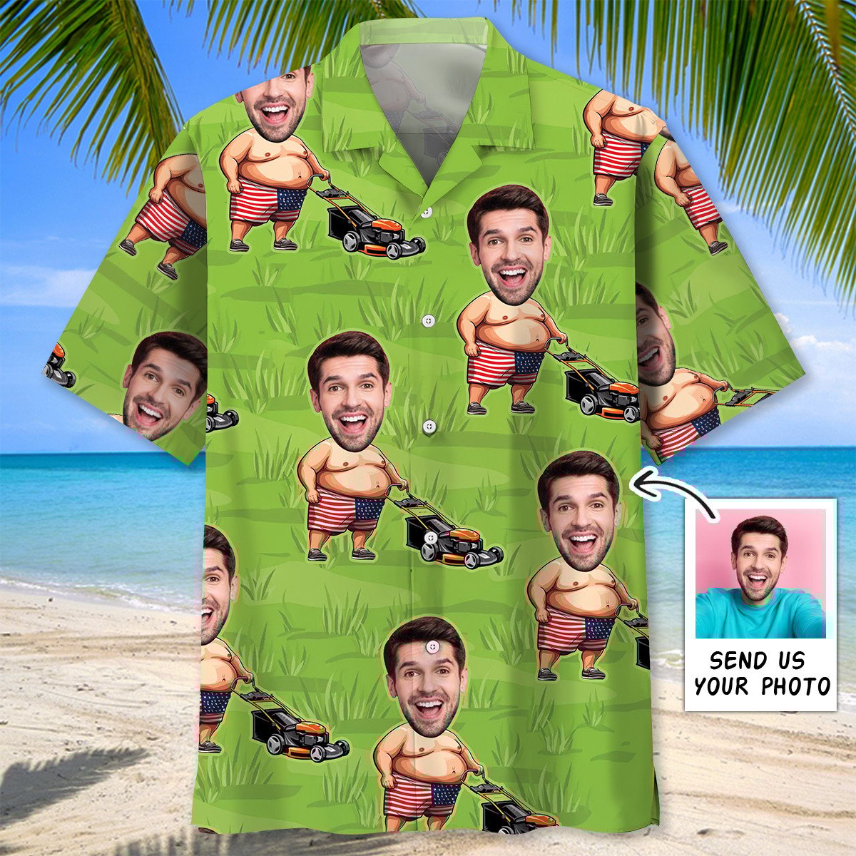 Goalzenith Funny American Man Lawn Mower Custom Face Hawaiian Shirt For Fan